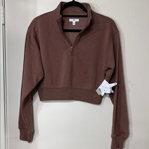 BP Women’s Cropped Quarter-Zip Sweatshirt Milk Chocolate Brown Oversized XS